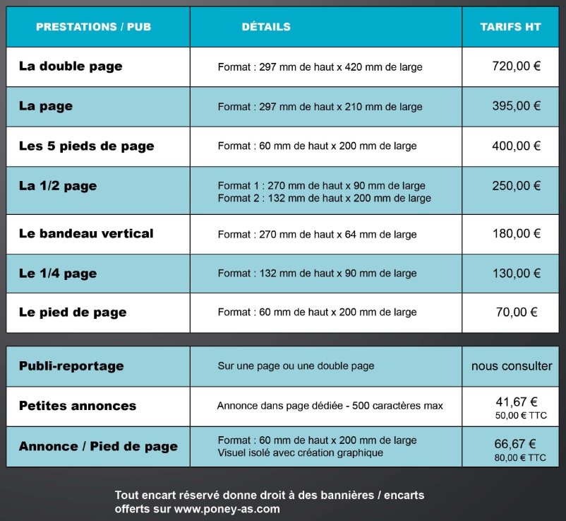 Tarifs prestations publicitaires du Magazine Poney As n°14